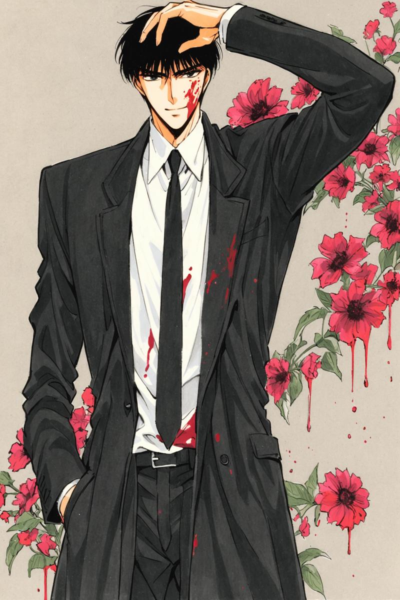 31037-3667908780-Seishiro Sakurazuka,1boy,blood,male focus,black hair,solo,necktie,hand in pocket,blood on clothes,weapon,coat,arm up,black coat,.png